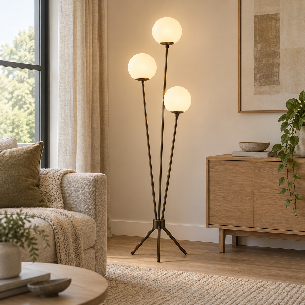 Concept render of three-globe tripod floor lamp